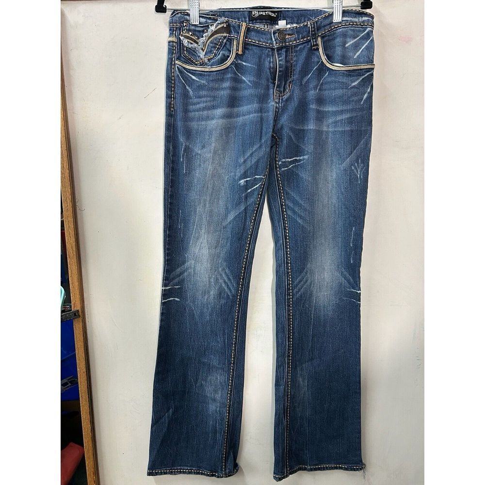 Petrol Womens Jeans Ryann Size 30 Leather Trim Distressed Boot Cut